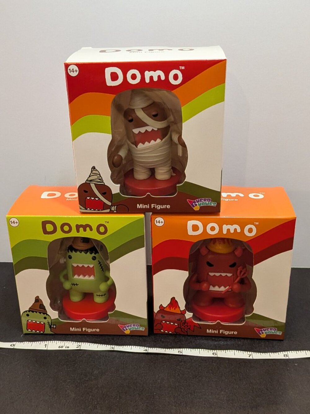 Domo Halloween Garden Gnome Mini Figure Set of 3 Frankenstein Devil Mummy NIB